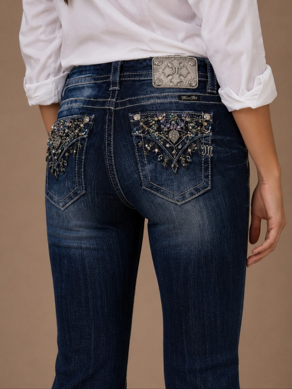 Miss Me Dark Blue Bootcut Jeans with Jeweled Back Pockets